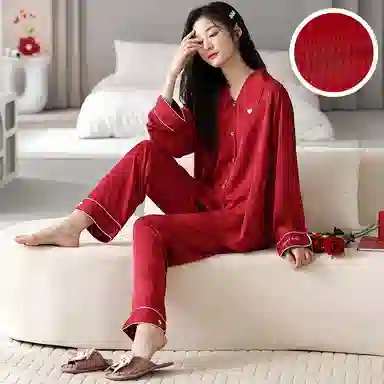 俏薇妮 简约纯色柔软喜庆高级感长袖长裤家居服舒适休闲透气可外穿睡衣套装 女款 礼盒装 红色