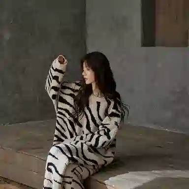 俏薇妮 斑马纹休闲半边绒柔软保暖舒适可外穿家居服长袖睡裙 女款 黑色