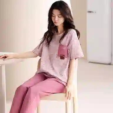 俏薇妮 柔软纯棉简约可爱兔子图案短袖家居服休闲宽松实用可外穿睡衣套装 女款 粉红色