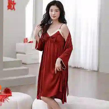 俏薇妮 简约纯色结婚喜庆时尚大气家居服冰丝吊带高级感宽松舒适休闲透气长袖两件套可外穿春秋睡衣套装 女款 红色