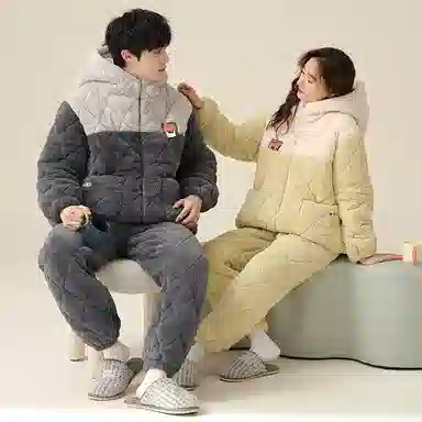 俏薇妮 简约纯色格子双口袋拉链连帽家居服保暖休闲舒适可外穿睡衣套装 男款 灰色