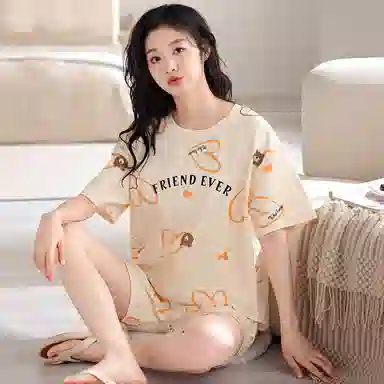俏薇妮 柔软简约纯棉字母可爱时尚高级感短袖短裤带胸垫家居服舒适透气休闲宽松凉感可外穿夏季睡衣套装 女款