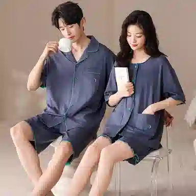 俏薇妮 柔软简约纯色时尚优雅高级感短袖短裤家居服舒适透气休闲宽松凉感可外穿夏季睡衣套装 男女同款 蓝色