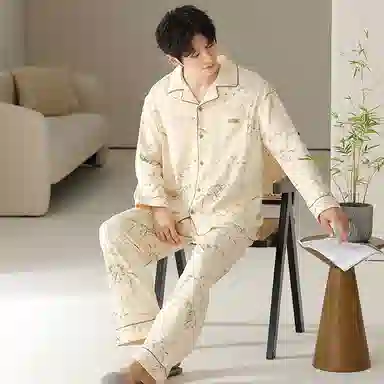 俏薇妮 复古国风翻领开衫家居服新中式高级感舒适可外穿睡衣套装 男款 杏色