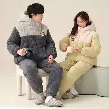 俏薇妮 简约纯色格子双口袋拉链连帽家居服保暖休闲舒适可外穿睡衣套装 男款 灰色