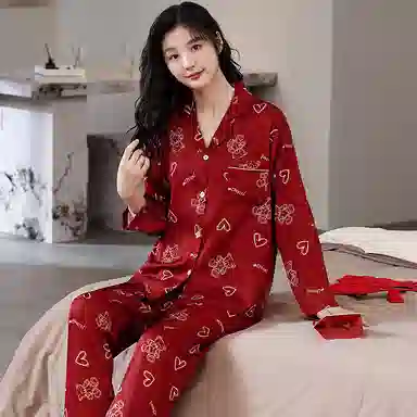 俏薇妮 简约纯色柔软喜庆冰丝爱心高级感长袖长裤家居服宽松舒适休闲透气可外穿春秋睡衣套装 女款 红色