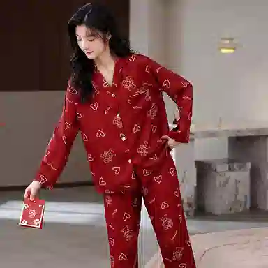 俏薇妮 简约纯色柔软喜庆冰丝爱心高级感长袖长裤家居服宽松舒适休闲透气可外穿春秋睡衣套装 女款 红色