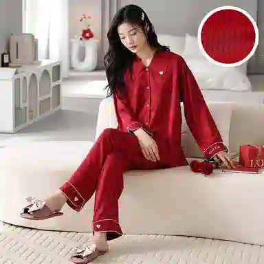 俏薇妮 简约纯色柔软喜庆高级感长袖长裤家居服舒适休闲透气可外穿睡衣套装 女款 礼盒装 红色