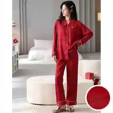 俏薇妮 简约纯色柔软喜庆高级感长袖长裤家居服舒适休闲透气可外穿睡衣套装 女款 礼盒装 红色