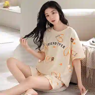 俏薇妮 柔软简约纯棉字母可爱时尚高级感短袖短裤带胸垫家居服舒适透气休闲宽松凉感可外穿夏季睡衣套装 女款