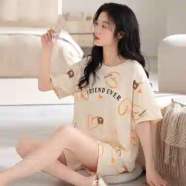 俏薇妮 柔软简约纯棉字母可爱时尚高级感短袖短裤带胸垫家居服舒适透气休闲宽松凉感可外穿夏季睡衣套装 女款