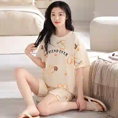 俏薇妮 柔软简约纯棉字母可爱时尚高级感短袖短裤带胸垫家居服舒适透气休闲宽松凉感可外穿夏季睡衣套装 女款