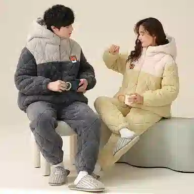 俏薇妮 简约纯色格子双口袋拉链连帽家居服保暖休闲舒适可外穿睡衣套装 男款 灰色