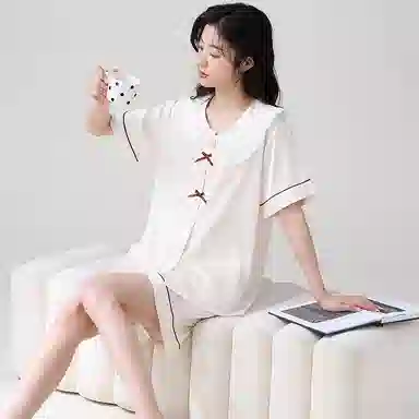 俏薇妮 简约纯色柔软时尚优雅高级感短袖家居服休闲舒适凉爽透气可外穿睡衣套装 女款 米白色