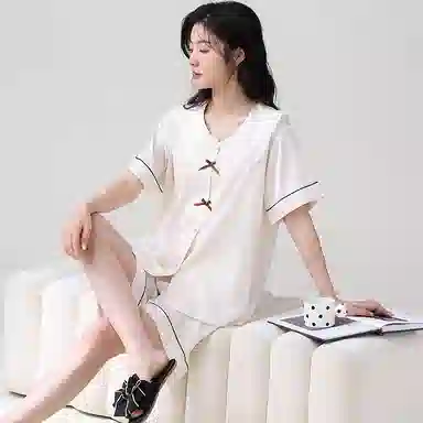 俏薇妮 简约纯色柔软时尚优雅高级感短袖家居服休闲舒适凉爽透气可外穿睡衣套装 女款 米白色