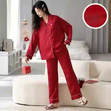 俏薇妮 简约纯色柔软喜庆高级感长袖长裤家居服舒适休闲透气可外穿睡衣套装 女款 礼盒装 红色