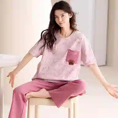 俏薇妮 柔软纯棉简约可爱兔子图案短袖家居服休闲宽松实用可外穿睡衣套装 女款 粉红色