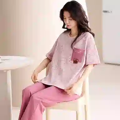 俏薇妮 柔软纯棉简约可爱兔子图案短袖家居服休闲宽松实用可外穿睡衣套装 女款 粉红色