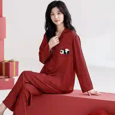 俏薇妮 简约纯色柔软喜庆冰丝古风高级感长袖长裤家居服宽松舒适休闲透气可外穿春秋睡衣套装 女款 红色