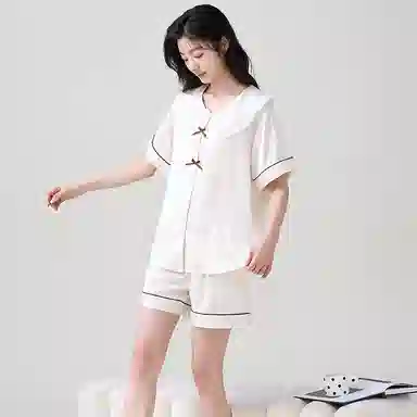 俏薇妮 简约纯色柔软时尚优雅高级感短袖家居服休闲舒适凉爽透气可外穿睡衣套装 女款 米白色