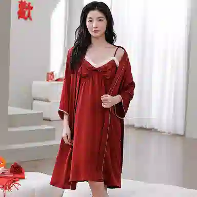 俏薇妮 简约纯色结婚喜庆时尚大气家居服冰丝吊带高级感宽松舒适休闲透气长袖两件套可外穿春秋睡衣套装 女款 红色