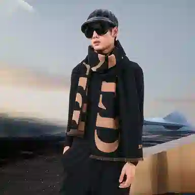 高梵 黑金高定保暖加厚 绒线围巾 男女同款情侣款 黑色