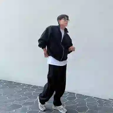 我是大卫 韩版百搭立领纯色休闲两件套美式高街宽松卫衣套装 通用 黑色