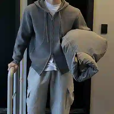 我是大卫 韩系高级感拼接连帽开衫小众设计感毛线针织衫 男女同款