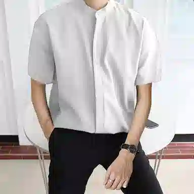 我是大卫 纯色立领复古宽松休闲短袖衬衫 男女同款