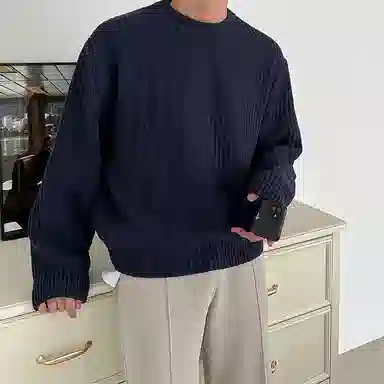 我是大卫 圆领套头百搭宽松基础款纯色韩系长袖针织衫 男女同款