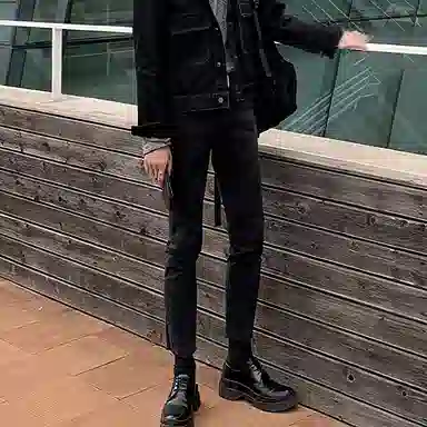 我是大卫 美式高街纯色做旧水洗不规则破洞设计牛仔裤 男女同款 黑色