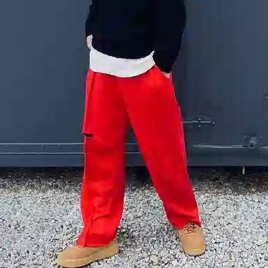 我是大卫 纯色宽松韩版破洞百搭痞帅垂感高街直筒休闲裤 男款 红色