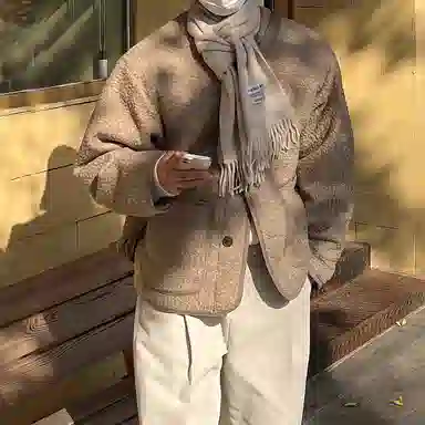 我是大卫 纯色简约羊羔毛保暖加厚休闲夹克外套 男女同款