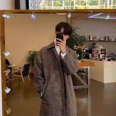 我是大卫 毛呢中长款千鸟格韩版复古休闲大衣 男女同款