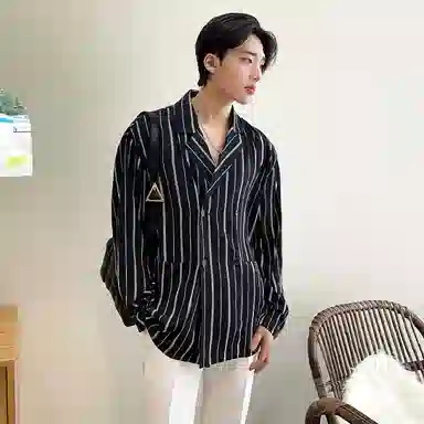 我是大卫 条纹宽松双排扣长袖衬衫 男款