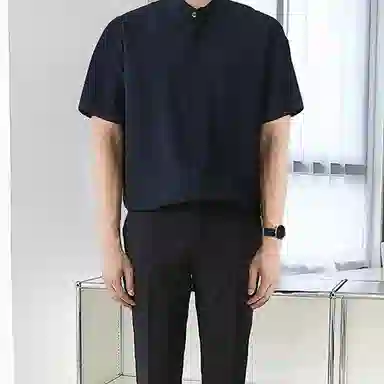 我是大卫 纯色立领复古宽松休闲短袖衬衫 男女同款