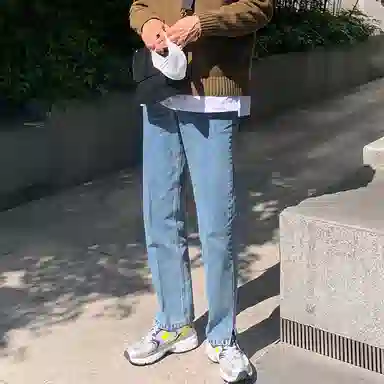 我是大卫 百搭时尚水洗直筒宽松阔腿牛仔裤 男女同款 浅蓝色