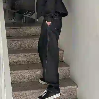 我是大卫 水洗复古做旧休闲宽松直筒阔腿牛仔裤 男女同款 黑色