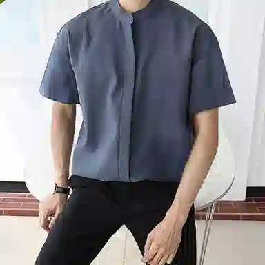 我是大卫 纯色立领复古宽松休闲短袖衬衫 男女同款