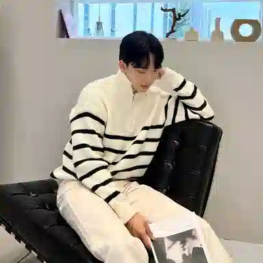 我是大卫 条纹翻领半拉链装饰休闲套头长袖针织衫 男女同款