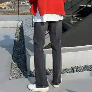 我是大卫 复古深色开叉宽松直筒牛仔裤 男女同款 黑色