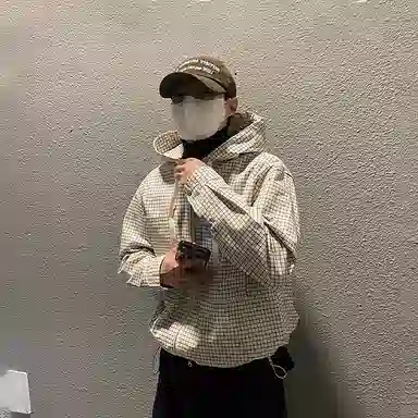 我是大卫 宽松连帽衬衫休闲百搭薄款拉链夹克外套 男款 格子