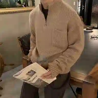 我是大卫 日系纯色文艺风立领半开襟宽松慵懒风针织衫 男女同款