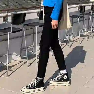 我是大卫 破洞舒适简约时尚百搭九分牛仔裤 男女同款 黑色