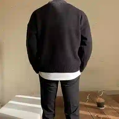 我是大卫 纯色半开襟宽松休闲长袖针织衫 男女同款