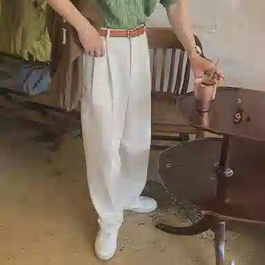 我是大卫 日系纯色简约直筒垂感阔腿宽松休闲裤 男女同款 米白色