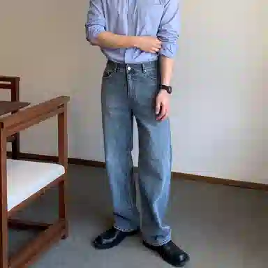 我是大卫 美式高街直筒阔腿百搭时尚宽松牛仔裤 男女同款 深蓝色