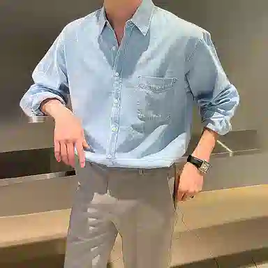 我是大卫 纯色简约经典通勤单排扣长袖衬衫 男女同款 浅蓝色