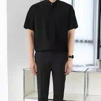 我是大卫 纯色立领复古宽松休闲短袖衬衫 男女同款