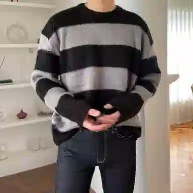 我是大卫 小众设计感百搭韩版高级感时尚休闲宽松针织衫 男女同款 黑灰条纹